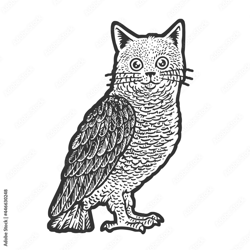 Fototapeta premium Owl with cat head line art sketch engraving vector illustration. T-shirt apparel print design. Scratch board imitation. Black and white hand drawn image.