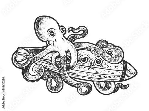 octopus attacked submarine line art sketch engraving vector illustration. T-shirt apparel print design. Scratch board imitation. Black and white hand drawn image.