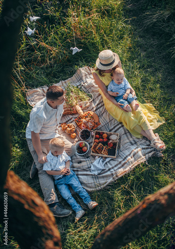 mom in a yellow dress and straw hat and dad in light clothes are sitting with their two young children under a tree on the grass on a picnic on a sunny day in summer top view