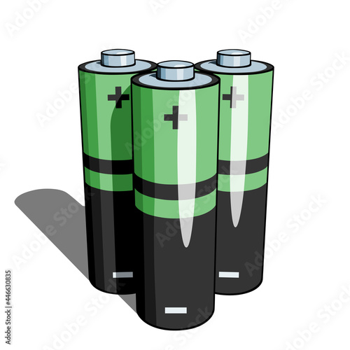 Several AA or AAA batteries with shadow close-up in perspective on a white background. Simple vector illustration