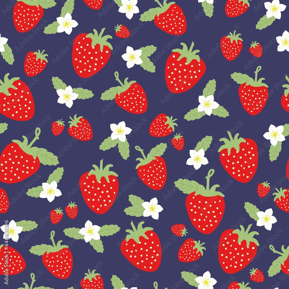 summer pattern of strawberries on a blue background. white flowers. green leaves. vector texture. fashionable print for textiles and wallpaper. summer pattern of strawberries on a blue background. white flowers. green leaves. vector texture. fashionable print for textiles and wallpaper.