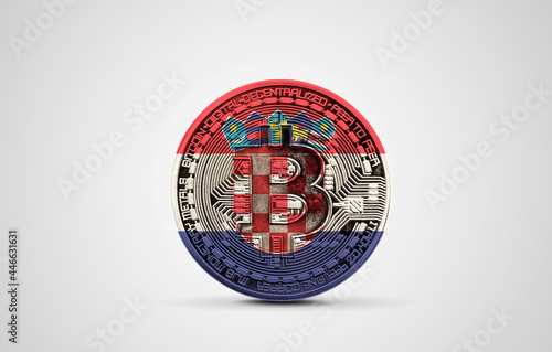 Croatia flag on a bitcoin cryptocurrency coin. 3D Rendering