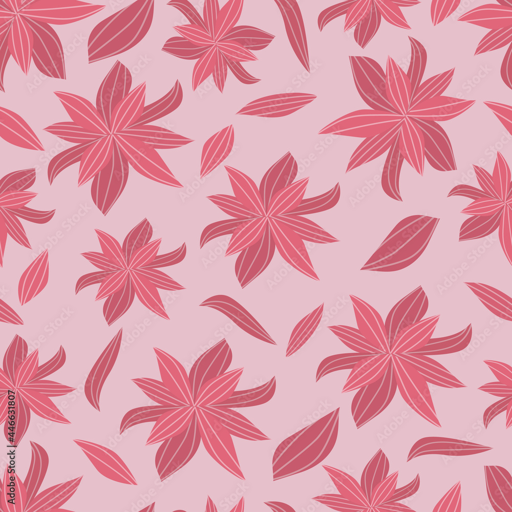 Seamless pattern with abstract flowers. Dahlias and petals on pink background.