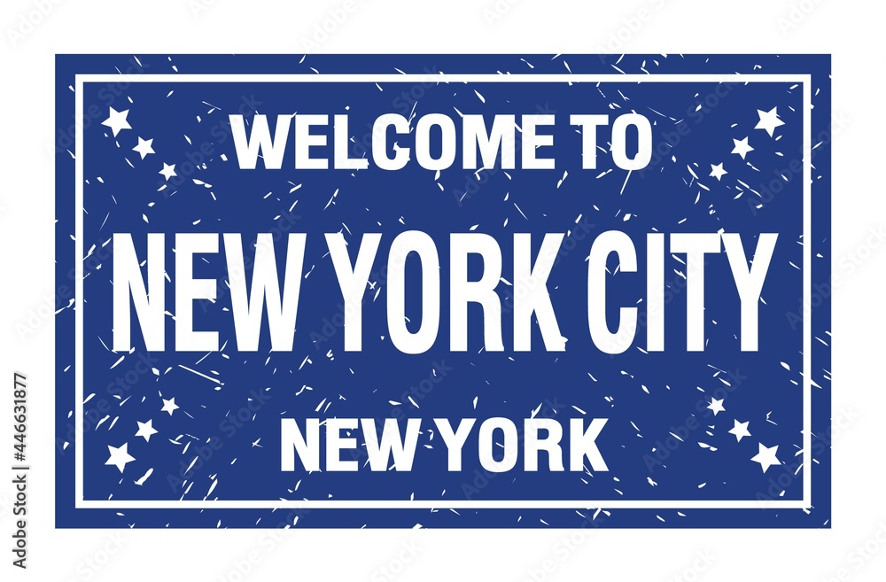 WELCOME TO NEW YORK CITY - NEW YORK, words written on light blue rectangle stamp