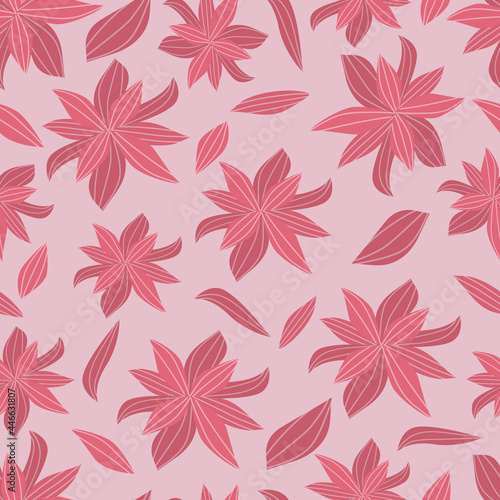 Seamless pattern with abstract flowers. Dahlias and petals on pink background.
