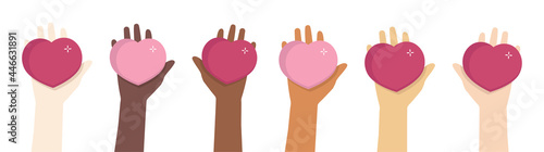 Diverse group of people showing hearts flat illustration. Can be used for topics like love, inclusion, identity, society. Human rights, donations, volunteering concept
