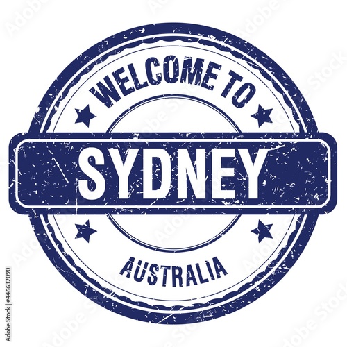 Photography WELCOME TO SYDNEY - AUSTRALIA, words written on blue stamp