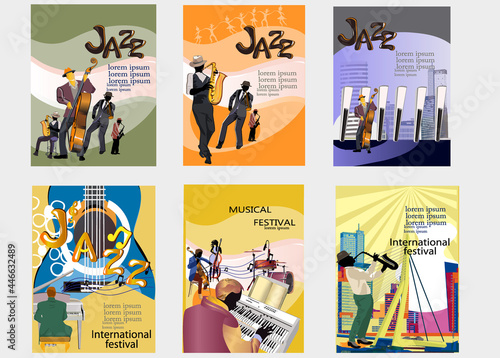 Abstract colorful posters with musicians at the party. Jazz band. Hand drawn vector illustration.