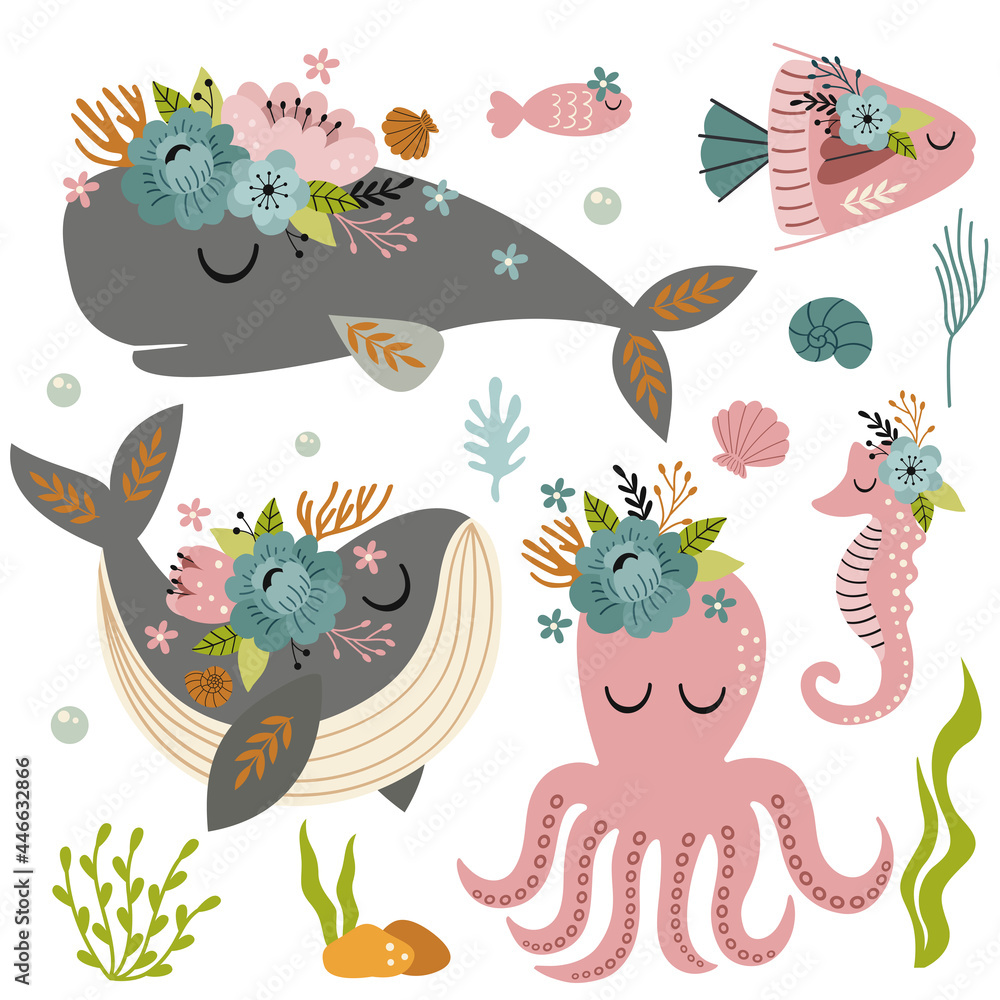 set of isolated beautiful sea animals with flowers