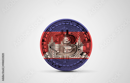 Cambodia flag on a bitcoin cryptocurrency coin. 3D Rendering