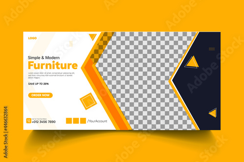 Minimalist furniture sale banner or social media post template. Orange black background color with geometric shapes for social media Banner