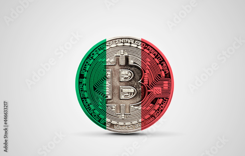 Italy flag on a bitcoin cryptocurrency coin. 3D Rendering