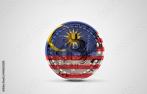 Malaysia flag on a bitcoin cryptocurrency coin. 3D Rendering