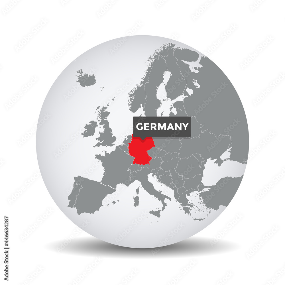 World globe map with the identication of Germany. Map of Germany. Germany on grey political 3D globe. Europe countries. Vector stock.