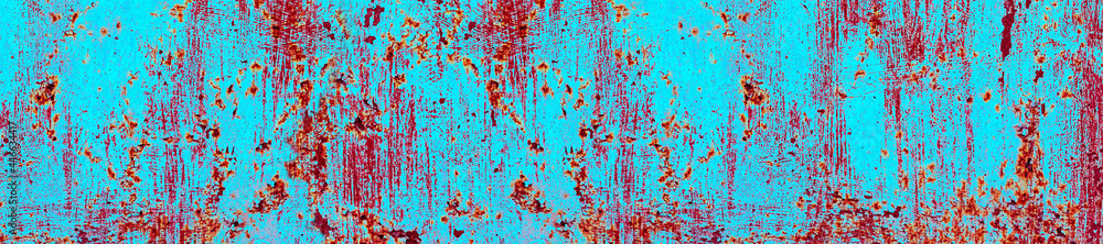 Fototapeta premium Rusty texture. Panoramic rusty blue painted metal background.