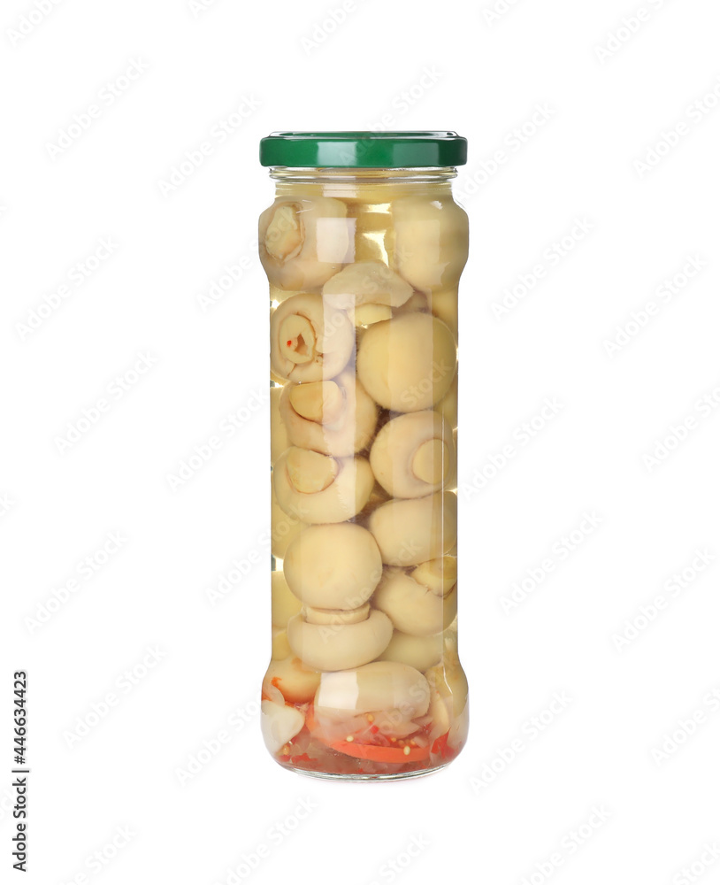Jar with marinated mushrooms isolated on white Jar with marinated mushrooms isolated on white