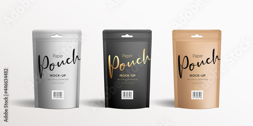 Brown, Silver and Black kraft paper pouch bags, front view packaging mock up collections design, on gray background Eps 10 vector illustration