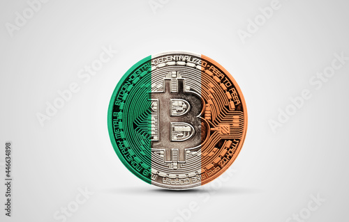 Ireland flag on a bitcoin cryptocurrency coin. 3D Rendering