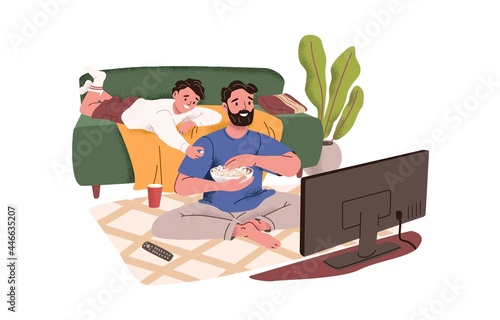 Father and son watching movie on TV at home. Happy dad and kid resting with popcorn in living room. Parent spending time together with child. Flat vector illustration isolated on white background.