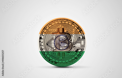 India flag on a bitcoin cryptocurrency coin. 3D Rendering