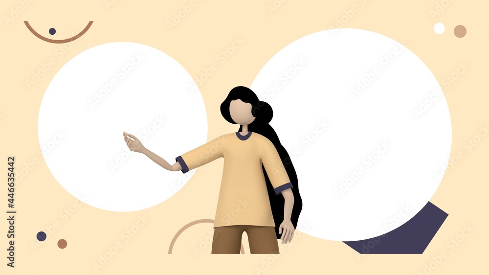 Woman gesture on isolated soft brown color background, different pose, trendy 3d illustration, 3d render.