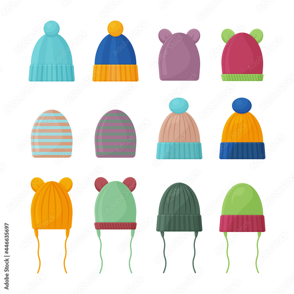 A large set with the image of warm children s knitted hats of various colors and shapes. Insulated hats for walking in cold autumn weather. A warm accessory for cold weather. Vector illustration A large set with the image of warm children s knitted hats of various colors and shapes. Insulated hats for walking in cold autumn weather. A warm accessory for cold weather. Vector illustration