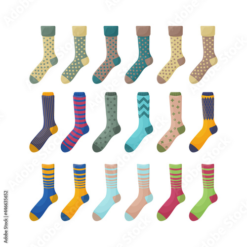 A large set with the image of warm socks in various colors and shapes. Insulated socks for walking in cold autumn weather. A warm accessory for cold weather. Vector illustration