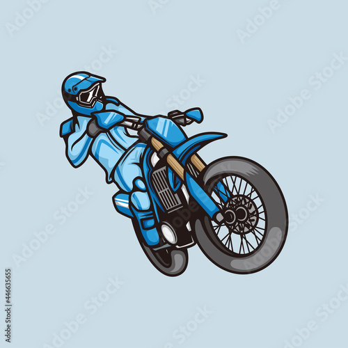 Supermoto motocross or dirtbike with blue colored symbol logo with cartoon style line art illustration design vector
