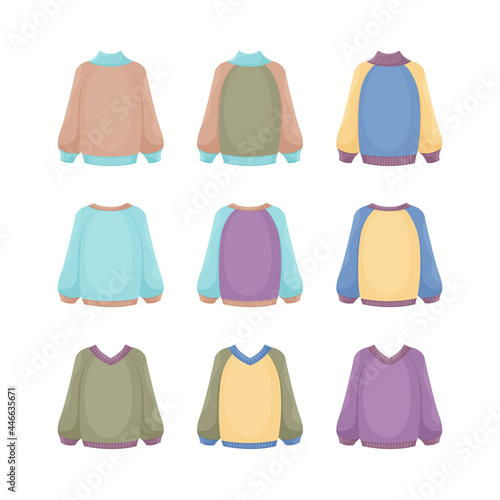 A large set with the image of warm knitted sweaters of various colors and shapes. Insulated sweaters for walking in cold autumn weather. Warm clothes for cold weather. Vector illustration