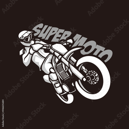 Supermoto motocross or dirtbike black poster symbol logo with cartoon style line art illustration design vector