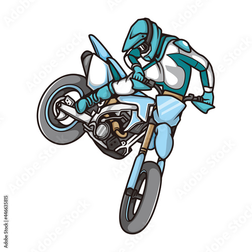 Supermoto motocross or dirtbike with blue colored symbol logo with cartoon style line art illustration design vector
