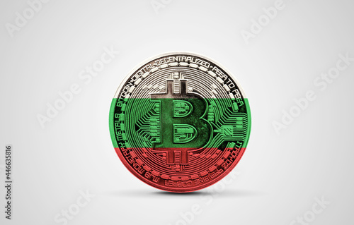 BUlgaria flag on a bitcoin cryptocurrency coin. 3D Rendering