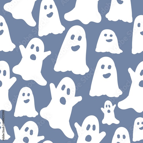 Simple ghosts pattern. Cute white ghosts. Gray-blue background. Vector texture. Fashionable print for Wallpaper. 