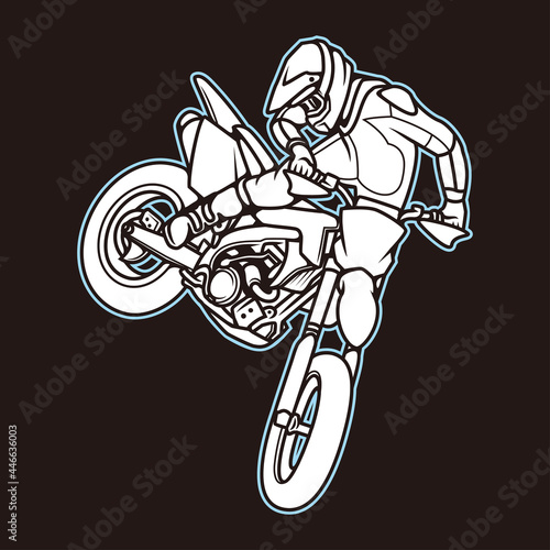 Supermoto motocross or dirtbike black poster symbol logo with cartoon style line art illustration design vector