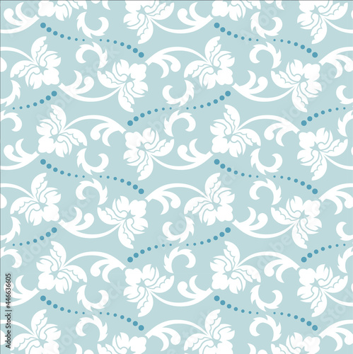 Seamless vector floral pattern. Decorative vintage wallpaper in classic style with flowers and twigs. Ornament with white flowers and blue background. 