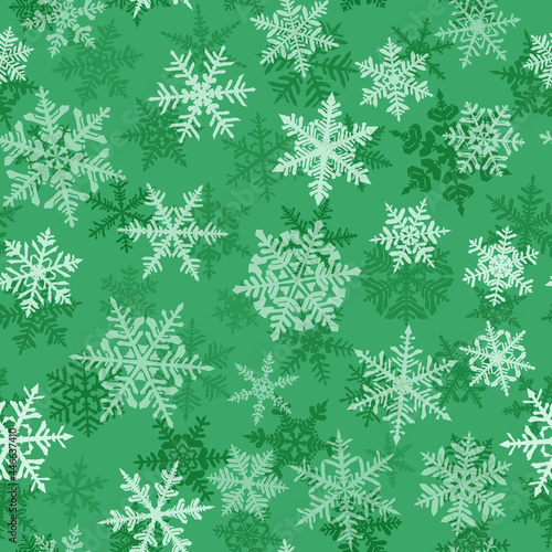 Christmas seamless pattern with complex big and small snowflakes, white on green background