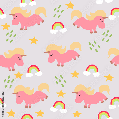 Cute pattern with unicorns rainbow and stars