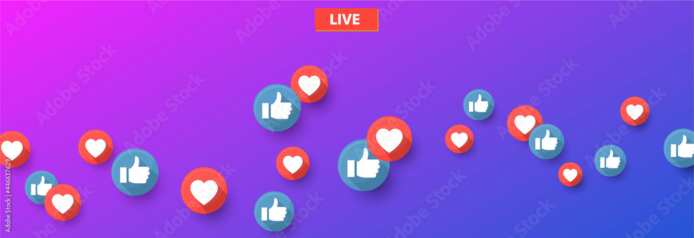 Like and heart icons for live stream video chat likes background vector design template. Social nets blue thumb up like and red heart web buttons isolated on gradient background Like and heart icons for live stream video chat likes background vector design template. Social nets blue thumb up like and red heart web buttons isolated on gradient background