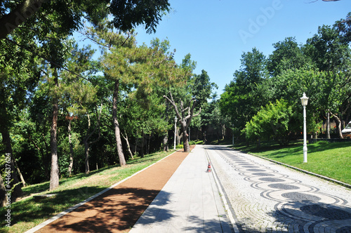 Panoramic view of the park in Istanbul. Beautiful mosaic road in the park.