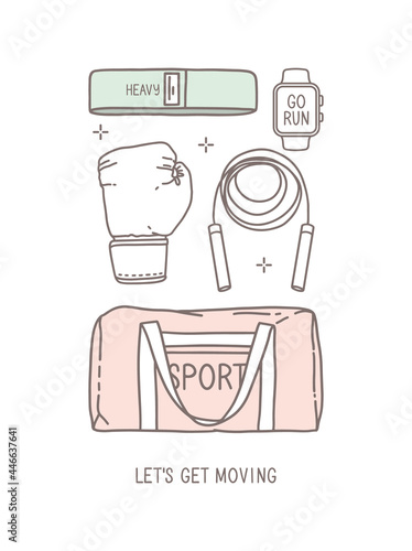Minimalistic vector illustration, linear drawing, fashion sketch. Exercise stuff. Cardio workout, boxing, weight loss, healthy lifestyle. Sports bag, jump rope, boxing glove, expander and smartwatch. 