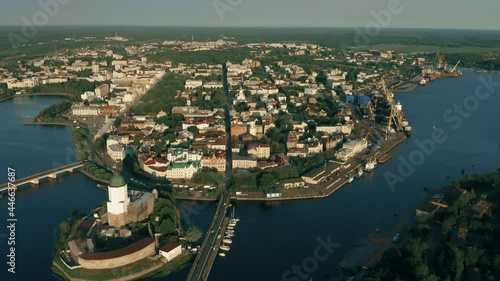 Aerial view of the city of Vyborg and the Vyborg Castle, Russia