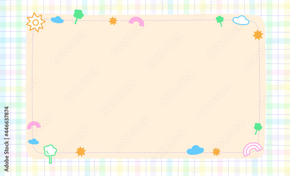 Outline Confetti Cute Ornament Element Sun Cloud Tree Rainbow Pastel Gingham Pattern Paper Background Frame Border. Blank note Cartoon Vector Illustration. Editable Stroke. Outline Confetti Cute Ornament Element Sun Cloud Tree Rainbow Pastel Gingham Pattern Paper Background Frame Border. Blank note Cartoon Vector Illustration. Editable Stroke.
