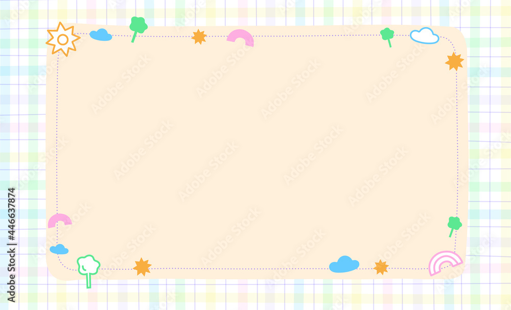 Outline Confetti Cute Ornament Element Sun Cloud Tree Rainbow Pastel Gingham Pattern Paper Background Frame Border. Blank note Cartoon Vector Illustration. Editable Stroke.