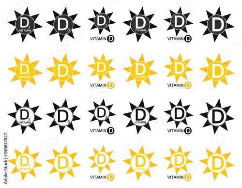 Set vitamin d icons. Sun with symbol D3. Vector signs.