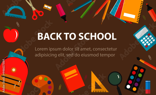 	Back to school background with school supplies set, vector illustration.