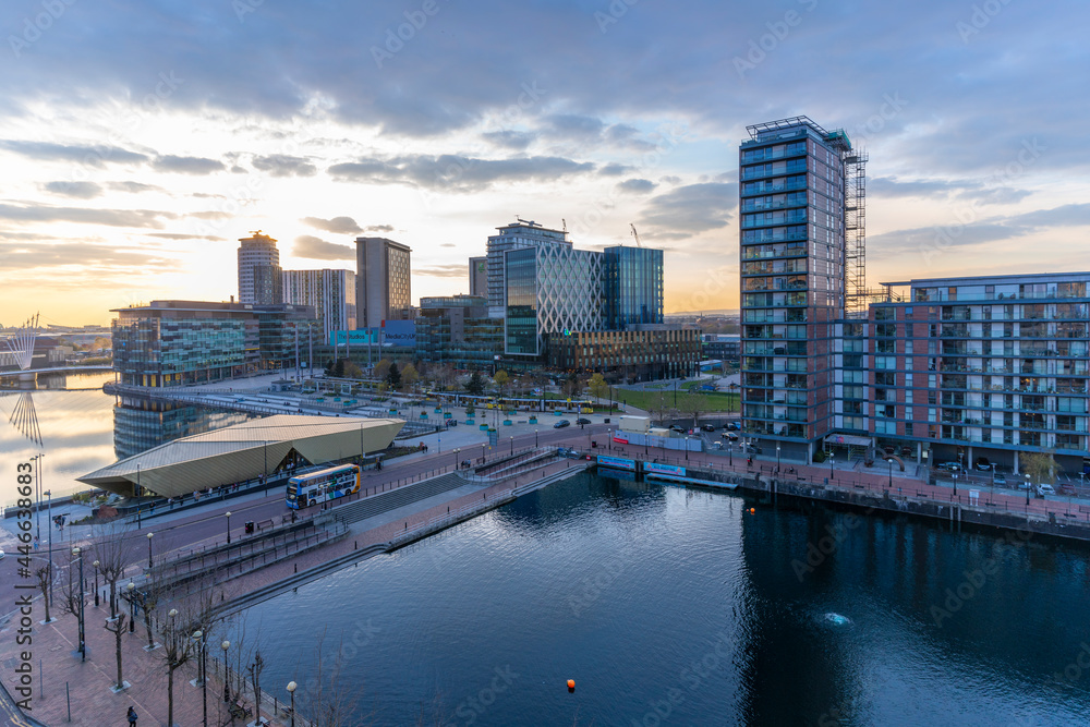 View of MediaCity UK at sunset, Salford Quays, Manchester, England View of MediaCity UK at sunset, Salford Quays, Manchester, England