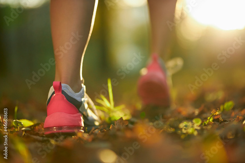 Young woman with athletic legs running at park in sport sneakers. Sunny warm weather outdoors. Close up, low angle view.