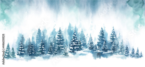 Winter horizontal landscape with snowy background. Watercolor vector Illustration on white background. Blue forest in snow