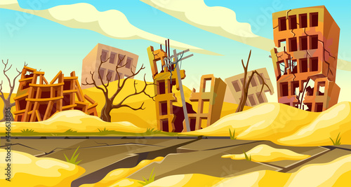 Destroyed buildings after sandstorm, earthquake, storm, tornado, natural disaster. Derelict broken houses in desert. Cartoon game landscape with mountains of sand.