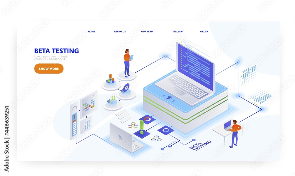 Beta testing, landing page design, website banner vector template. Software testing and quality assurance. Beta testing, landing page design, website banner vector template. Software testing and quality assurance.